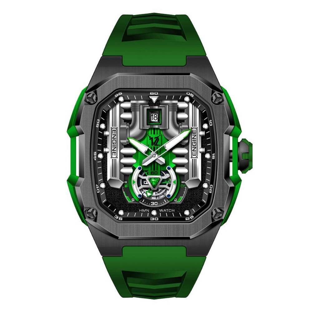 HMN V12 Phantom Engine Skeleton Watch with Green Silicone Strap
